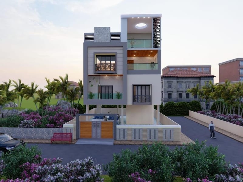 Modern bungalow at dusk with exterior lighting